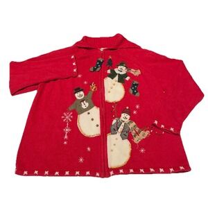 Tiara Christmas Collection 2004  Sweater M Embroidery Zip Cardigan snowman